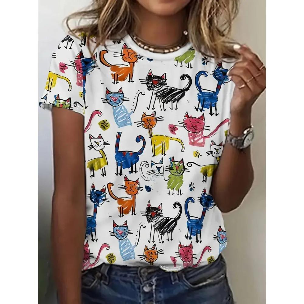 Sheep Dog Cat T-Shirts Animal Pattern 3D Print Women O-Neck Short Sleeves T Shirt Street Y2k Harajuku Tees Tops Female Clothing