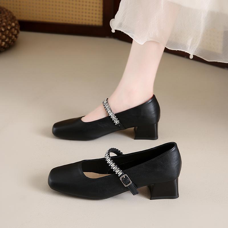 French thick heel with shallow mouth single shoes women's 2025 new summer mid-heel square head rhinestone Mary Jane small leather shoes