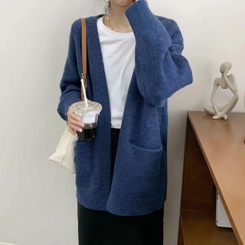 Retro Versatile Sweater Jacket Women's Pocket Buckle-free Spring and Autumn Loose Lazy Style Foreign Style Wear Knitted Cardigan