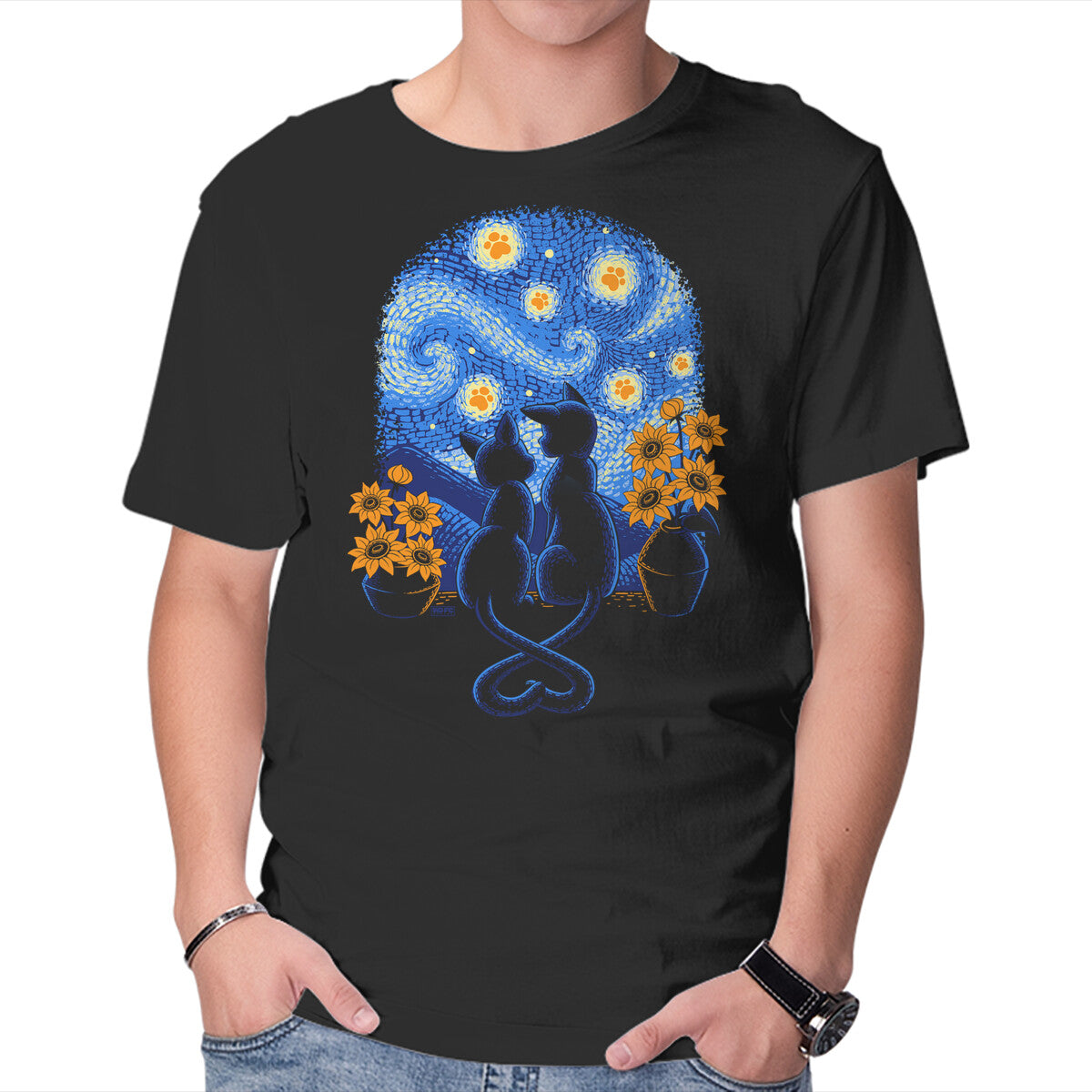 Unisex Crew Neck T-Shirt Starry Night Cat Lovers Graphic Short Sleeve Casual Tee XXXXL
