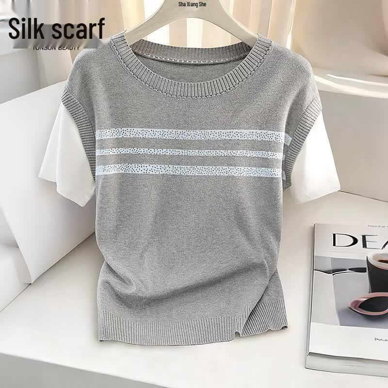 

Women s Fashion Color-block Striped Fake Two-Piece Knit T-shirt One Size