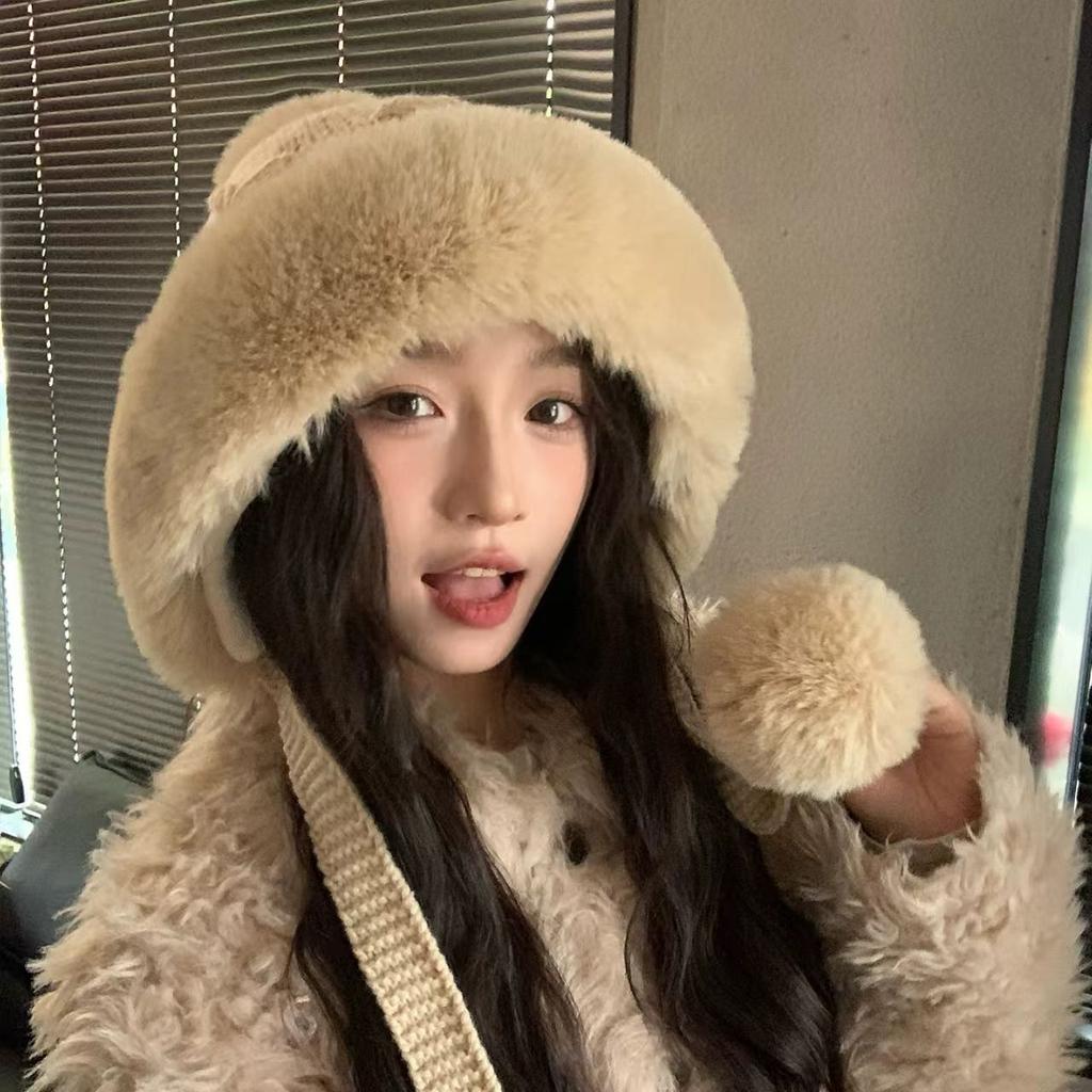 Plush Lei Feng Hat Women's Winter Plush Thickened Warm Ear Protection Riding Windproof and Cold-proof Wool Knitted Hat