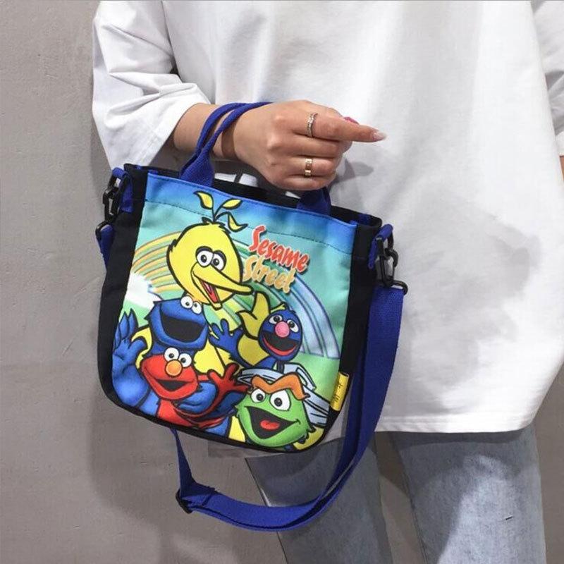 Sesame Street Crossbody Bag, Female Cartoon Harajuku Student Canvas Bag, Female Single Shoulder Large Capacity Handbag Bag