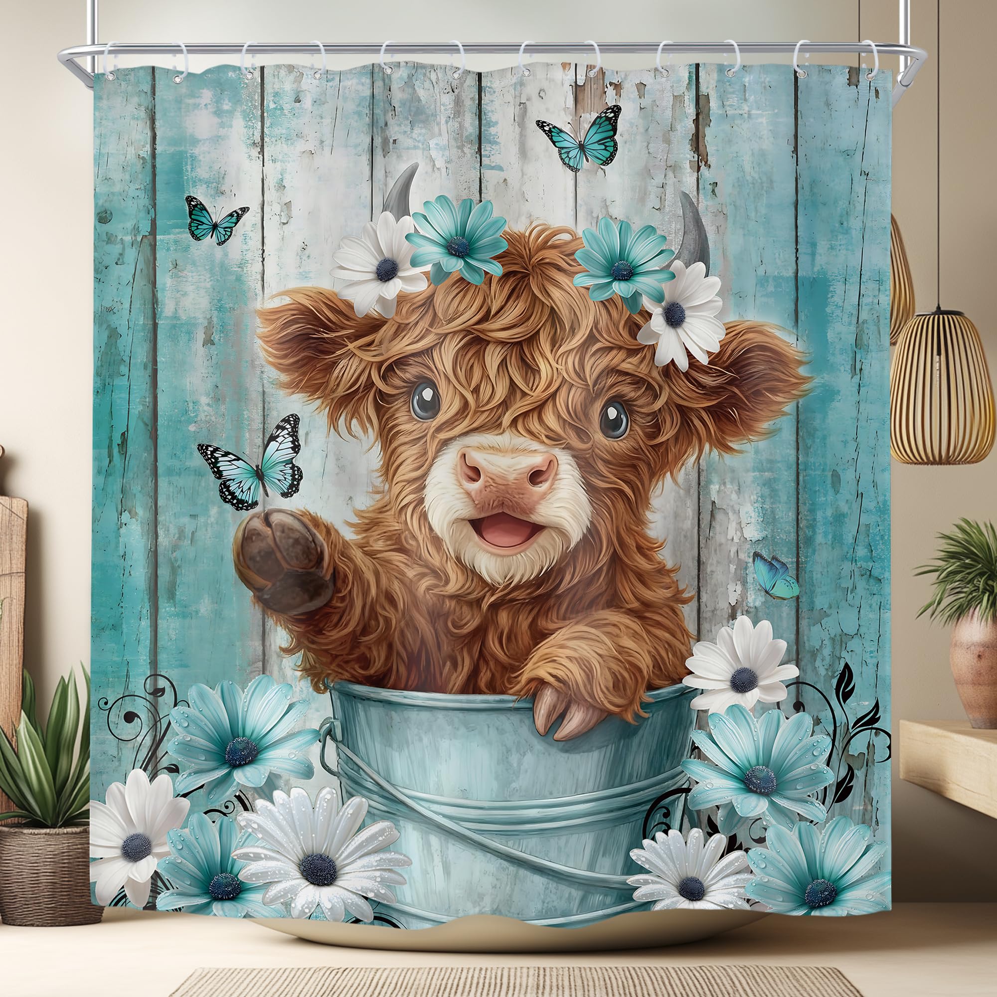 

Funny Highland Cow Shower Curtain Cute Farmhouse Rustic Animal Bull Bathrobe Hair Dryer Western Country Bathroom Decor Gift W60H190(CM)-1 Pcs