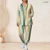 Women Plus Size Green Yellow Beige Printed Nurse Scrub Set V Neck Long Sleeve Top With Pockets Long Pants