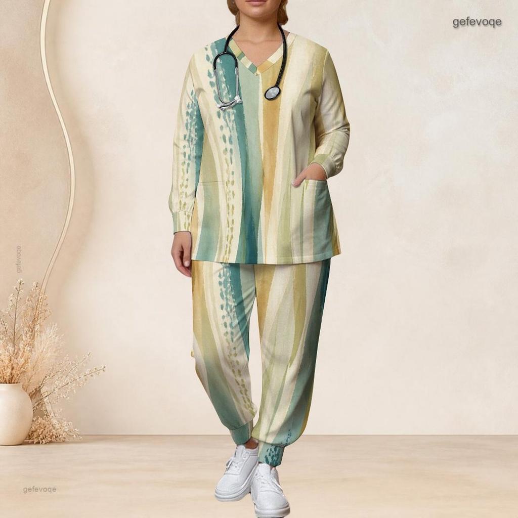 Women Plus Size Green Yellow Beige Printed Nurse Scrub Set V Neck Long Sleeve Top With Pockets Long Pants