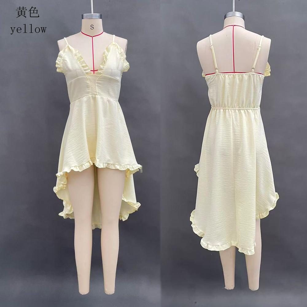 New summer sexy women's off-the-shoulder beach irregular suspender solid color dress