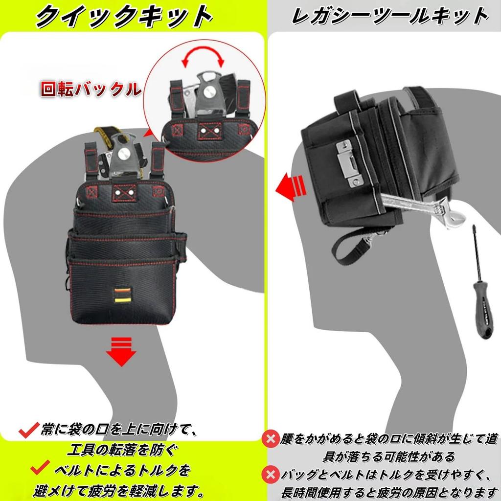 Three-tiered tool belt with detachable nail pouch, suitable for electricians. Made of high-density nylon with a holder for small items. Attaches to a