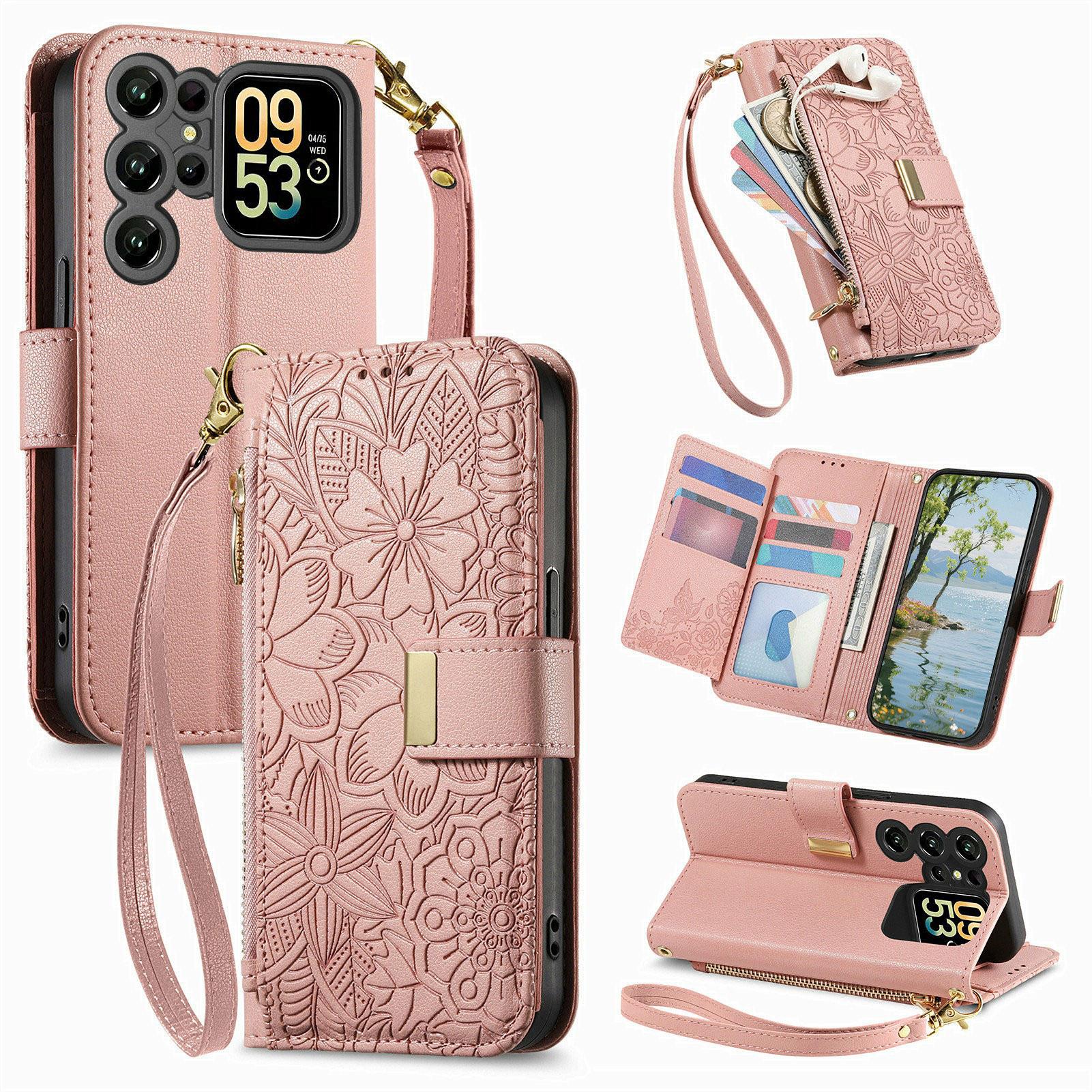 

For Oukitel C62 Case Floral Leaf Pattern Multi Card Slots Zipper Leather Phone Cover with Wrist Strap