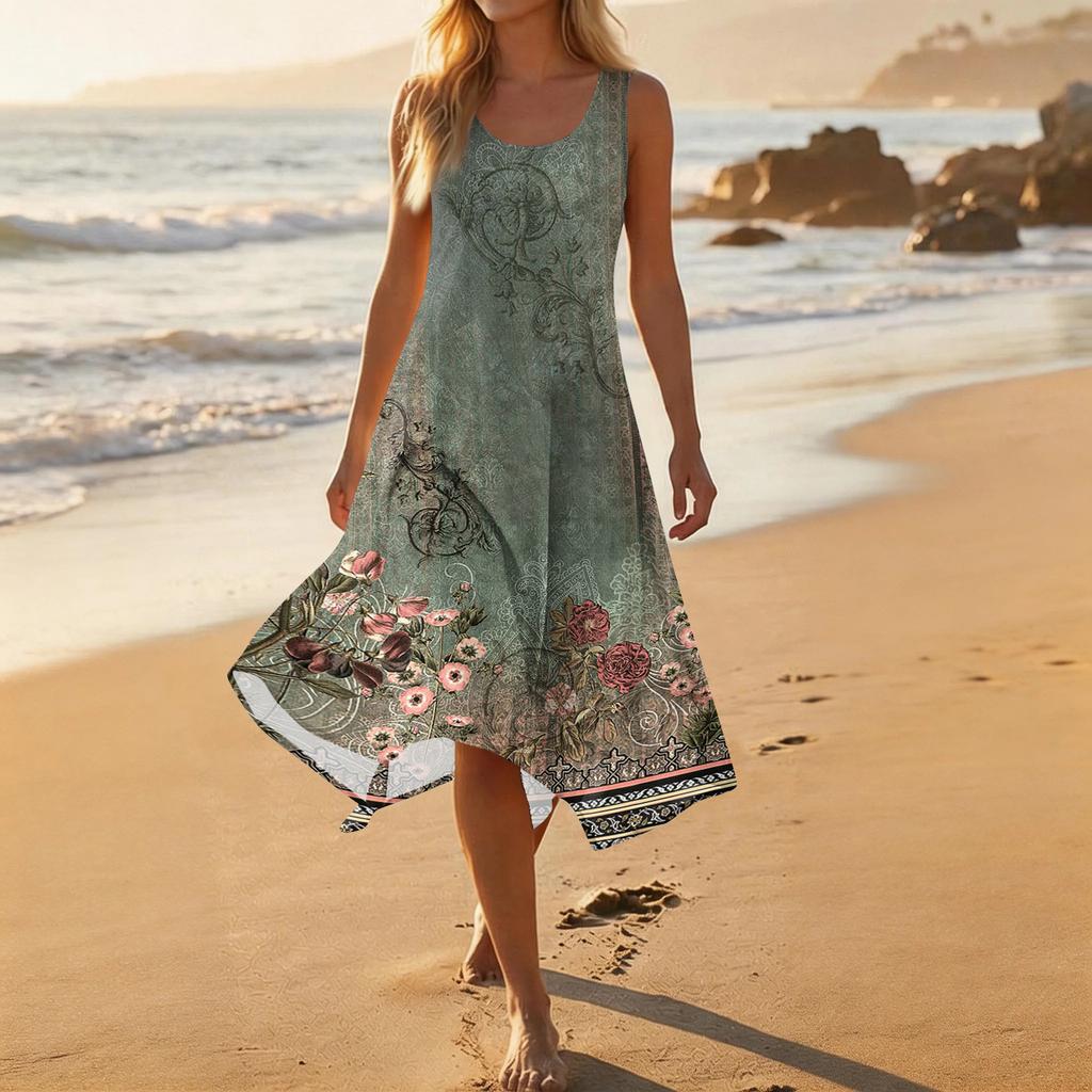 Damen Lässiges Mode-Midikleid mit Rundhalsausschnitt, ärmellos und unregelmäßigem Saum