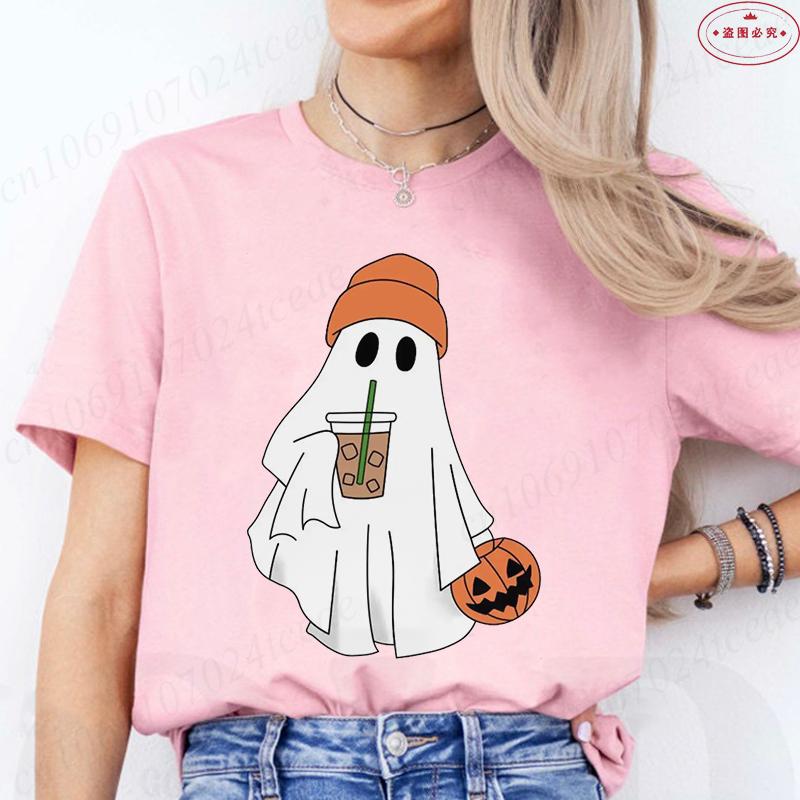 Little Boo Drinking Coffee Women T-Shirts Fashion Halloween Party Spooky Season Shirt Harajuku Graphic Tops Casual Streetwear