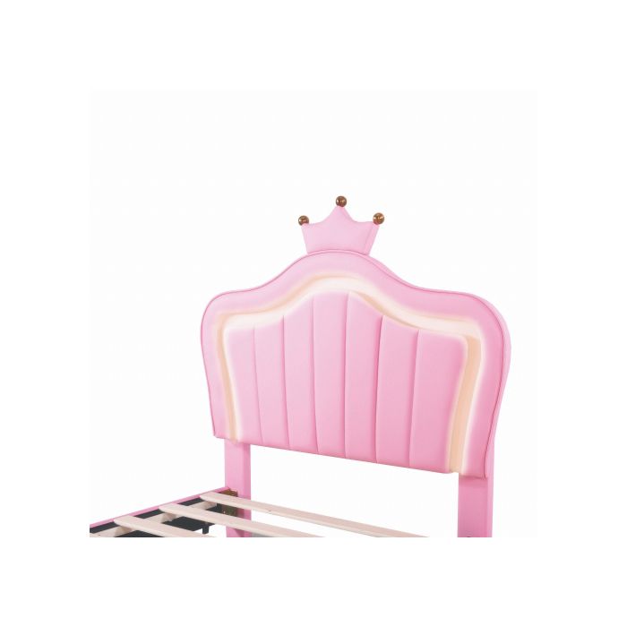 Lit enfant - MUVOE - Lit capitonné 90x200 cm - Similicuir rose - 2 tiroirs de rangement - LED multicolore