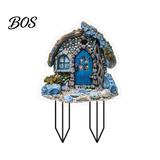 Elf Cabin Garden Stake Stone House Stake, 2D Acrylic Blue Door Yard Art Fairy Tale Cottage Outdoor Decoration for Lawn Planter Decor Plant A