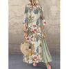 Women Autumn Winter Retro Floral Long Sleeve Swing Dress Round Neck Stitching Large