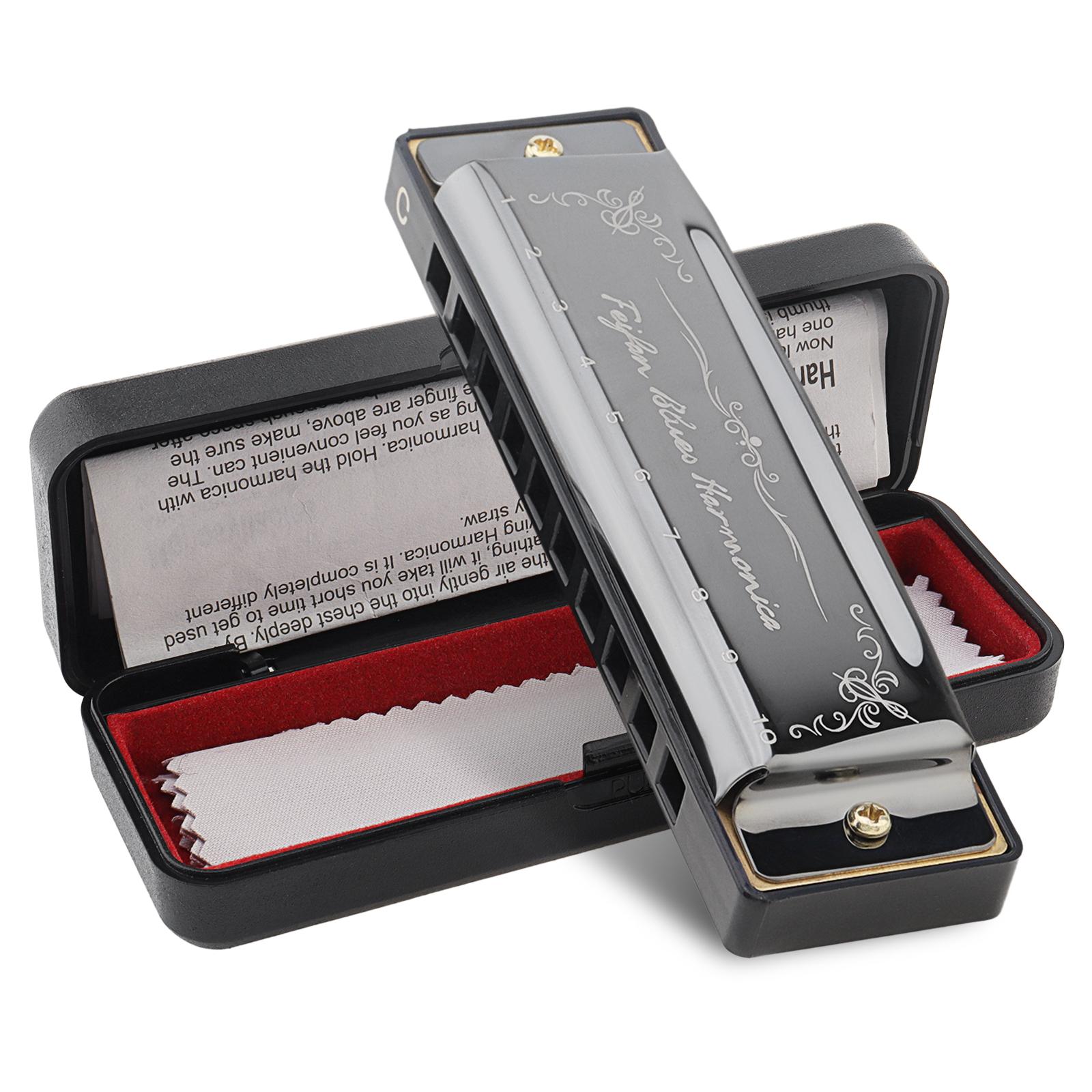 

10 отверстий Губная гармошка блюз с ключом C Подарки для начинающих Латунная язычковая плата Черный губной орган 20 мелодий