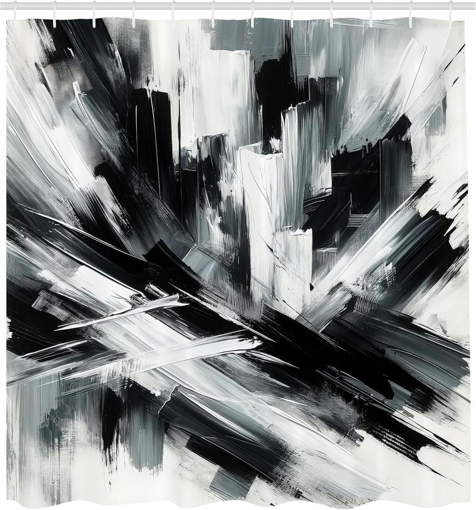 Black And White Shower Curtain, Abstract Art Of Bold Brush Strokes In Monochrome Painting Print, Cloth Fabric Bathroom