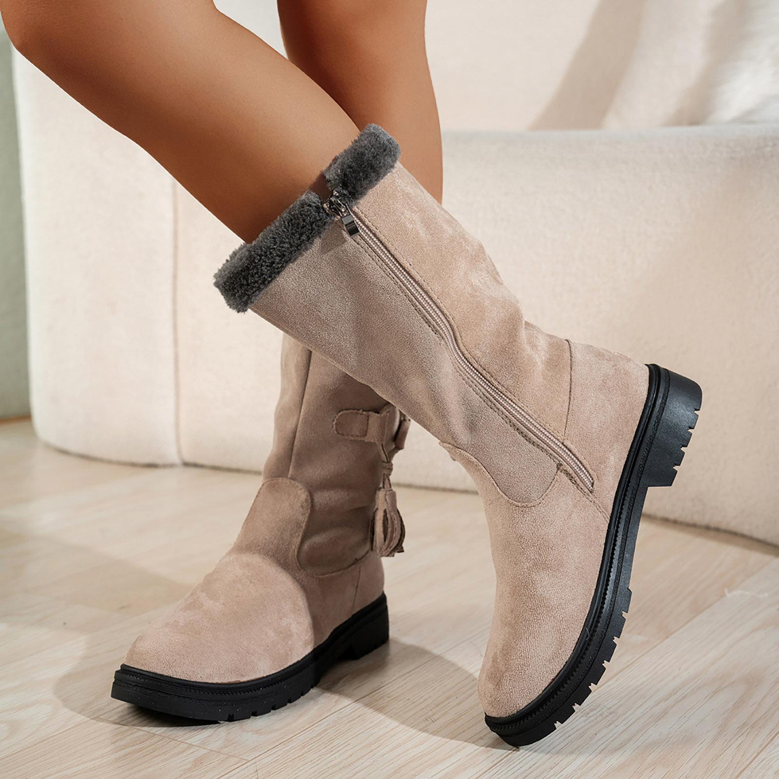 

Women s Fashionable Casual Fleece Lined Thick Warm Versatile Everyday Mid Calf Boots Leather Boots for Women Mid Calf 36 хаки