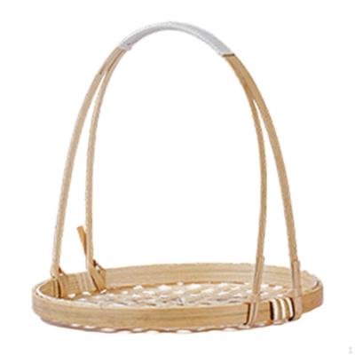 Woven Bamboo Fruit Basket Food Holder Portable Serving Tray with Handle Plate for Home Cafe Dining