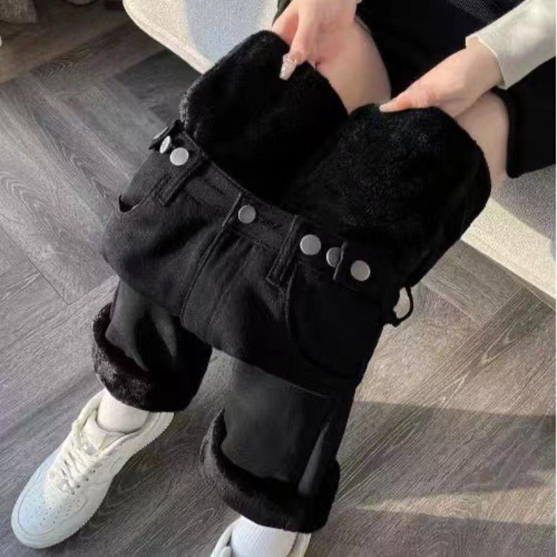 Women's High Waist Wide Leg Jeans Winter Thickened Fleece Lined  Loose Straight Long Pants Warm Casual Denim Pants