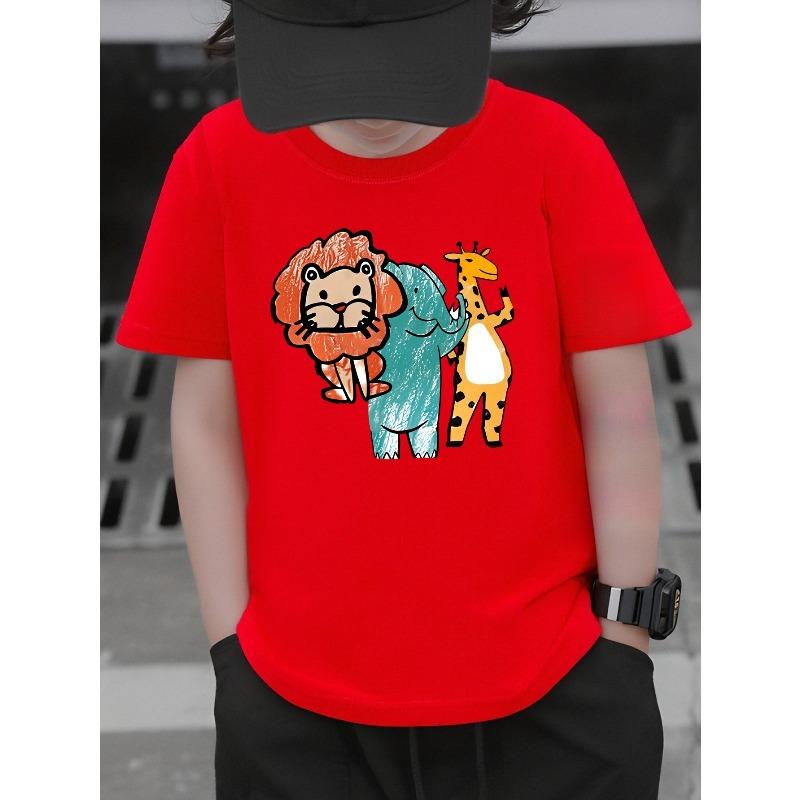 Boys Knit Crewneck T-Shirt, Cute Lion Elephant Giraffe Cartoon Animal Print