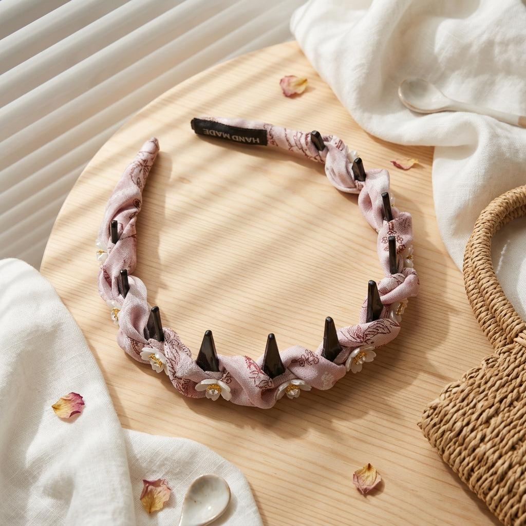 Luxurious Pink Floral Pearl & Rhinestone Pleated Headband - Exquisite Elevated Hair Accessory
