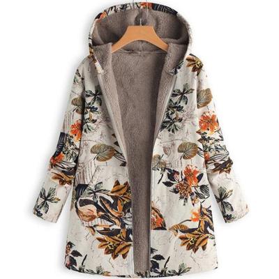 Women Casual Coats Warm Hoodie Long Sleeve Zipper Pocket Floral Fleece Vintage Jacket Manteaux Dames