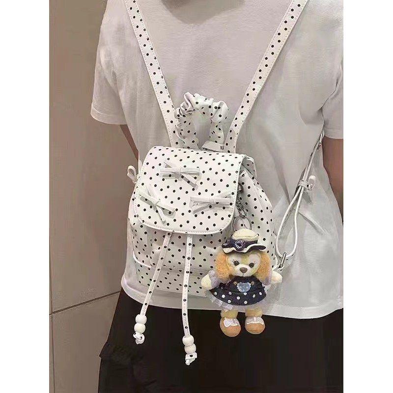 

Sweet Girly Style Bow Polka Dot Bag 2025 Summer New Travel Small Backpack Fashion Commuter Backpack White