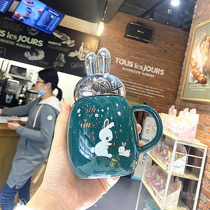 Rabbit Mug with Lid Spoon Cup for Men and Women Ceramic Drinking Water Cup Couple Cartoon High Value Large Capacity Coffee Cup