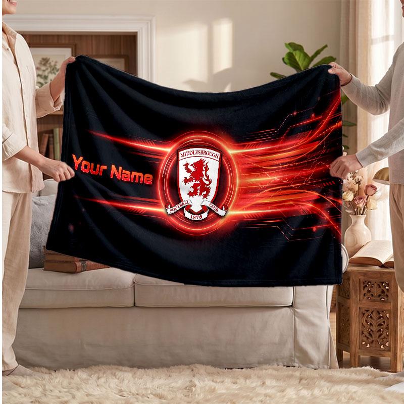 Couverture polaire personnalisée Middlesbrough FC avec logo de football, texte de nom personnalisé, couverture jetée douce et chaude pour la maison