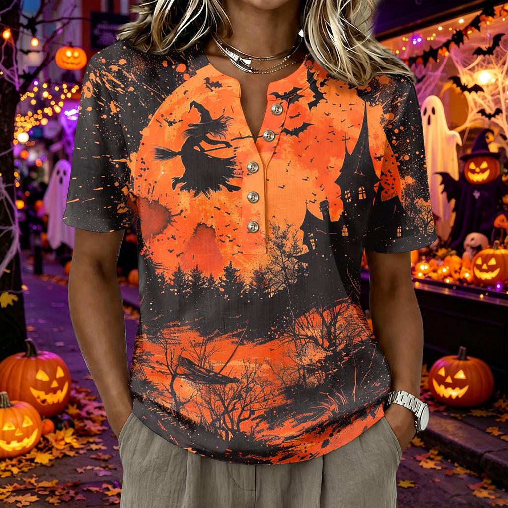 Women's Short Sleeve Henley Shirt Button Front Casual Loose Fit Cotton Linen Blend Top Halloween Graphic Print