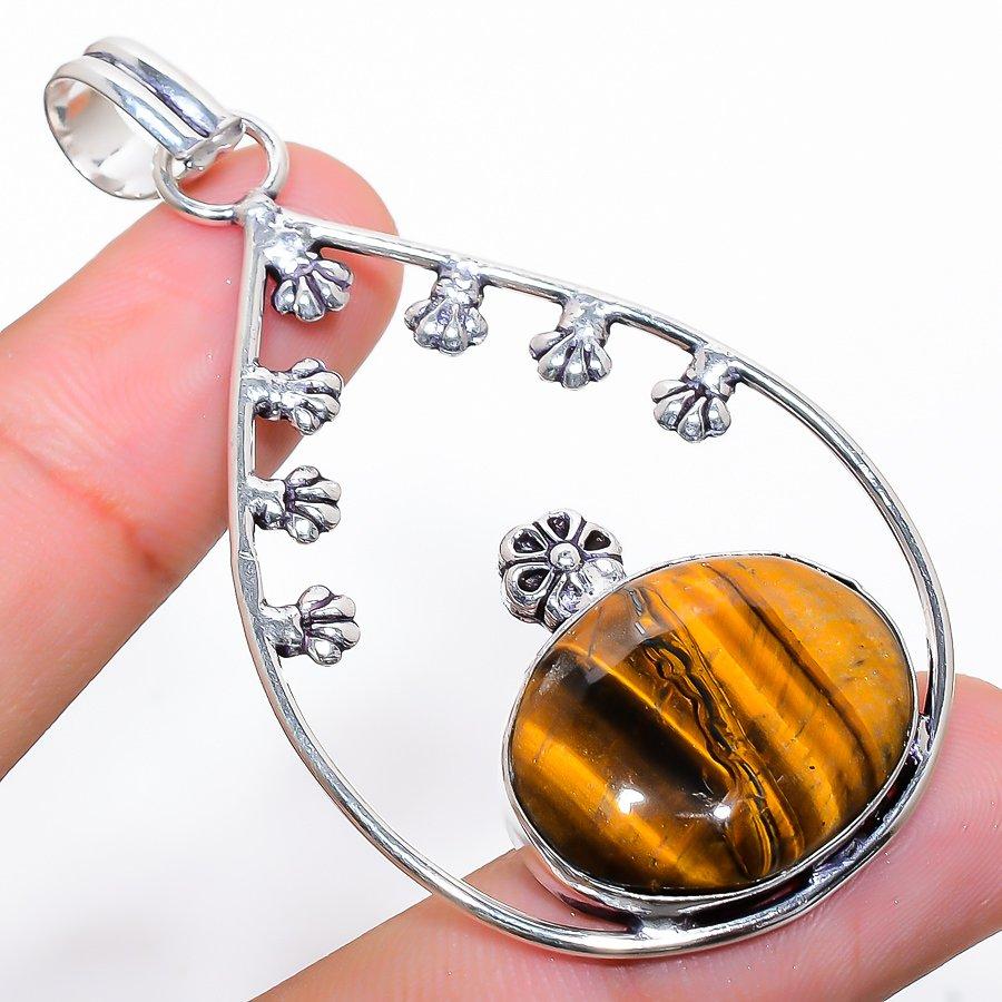 Tiger Eye Gemstone Handmade 925 Sterling Silver Jewelry Pendant 2.60"