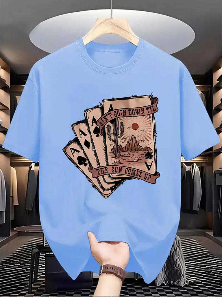 Men'S Casual Crew Neck T-Shirt with Playing Card Graphic,  Knit Fabric, Slight Stretch, Regular Fit, Summer Top for Daily Wear