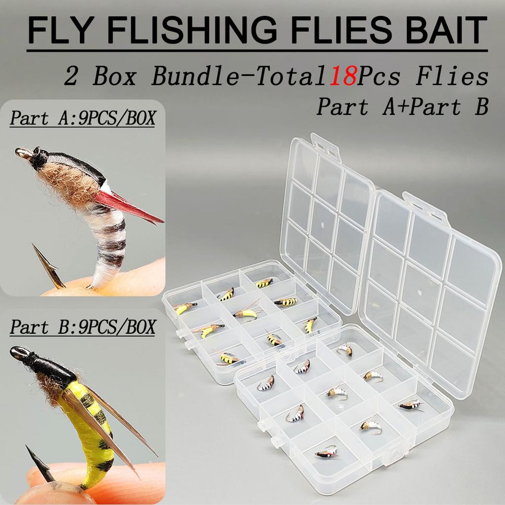 Fly Fishing Flies 2 Box Bundle(Total 18Pcs Flies)-Flies Wet Flies Artificial Nymph Bait for Fishing Trout/Bass Artificial Bait