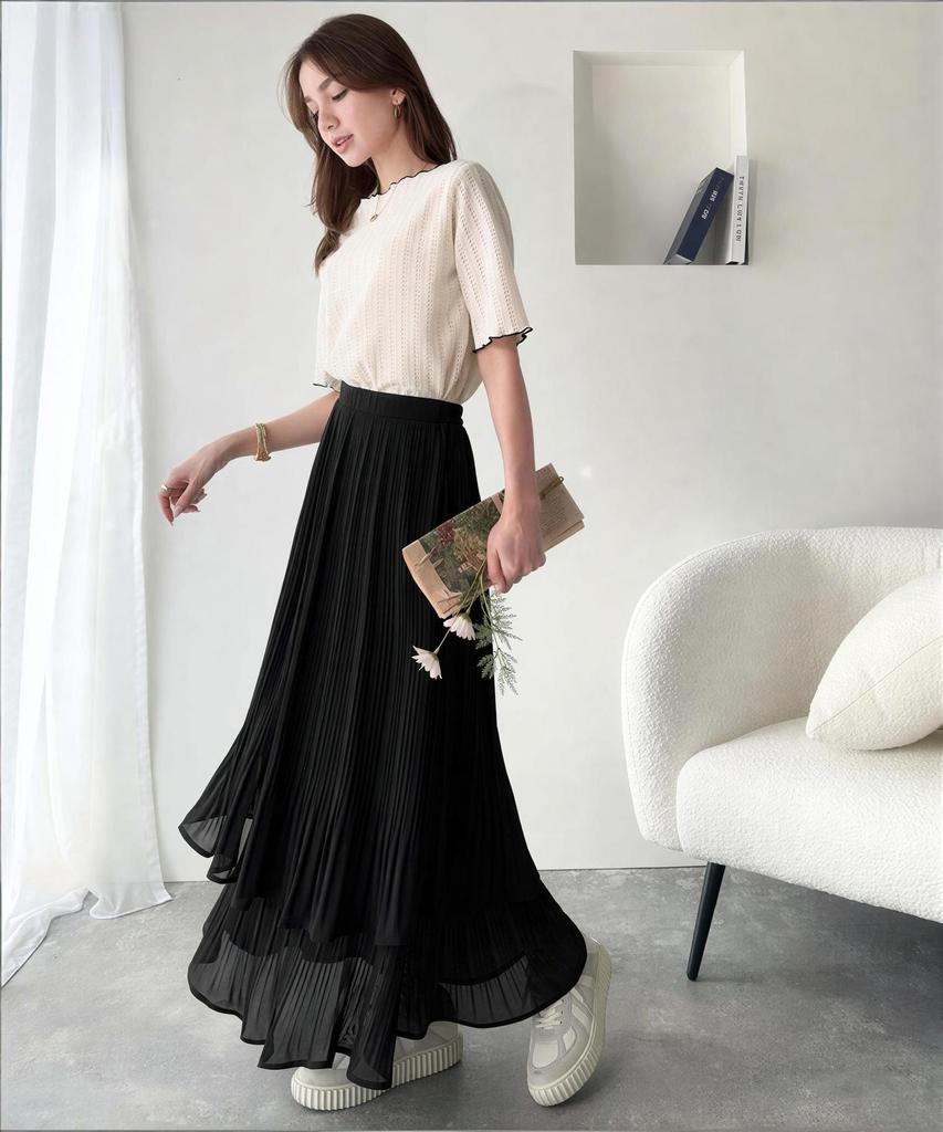 Elegant Japanese-Style Double-Layer Pleated Chiffon Skirt, Slimming and Versatile with an Elastic Waist