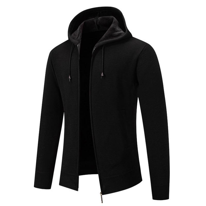 Men S Solid Color Hooded Fleece Knit Cardigan Autumn Winter Casual Coat