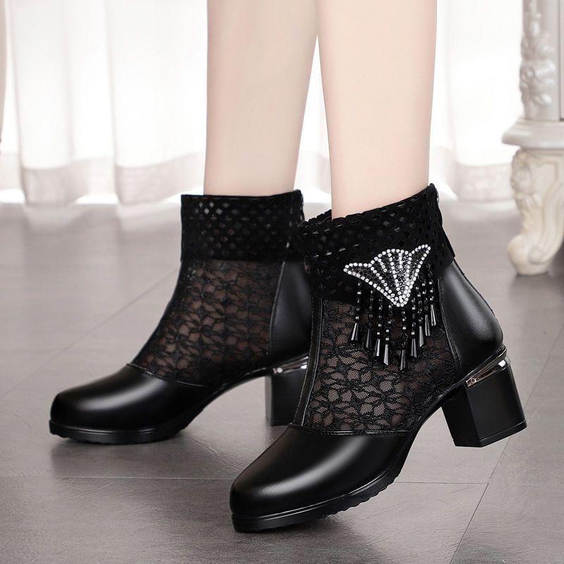 Rhinestones Mesh Hollow Breathable With Medium Heels Women's Sandals Sales 2025 Luxury Summer Offers Comfortable Ladies Shoes