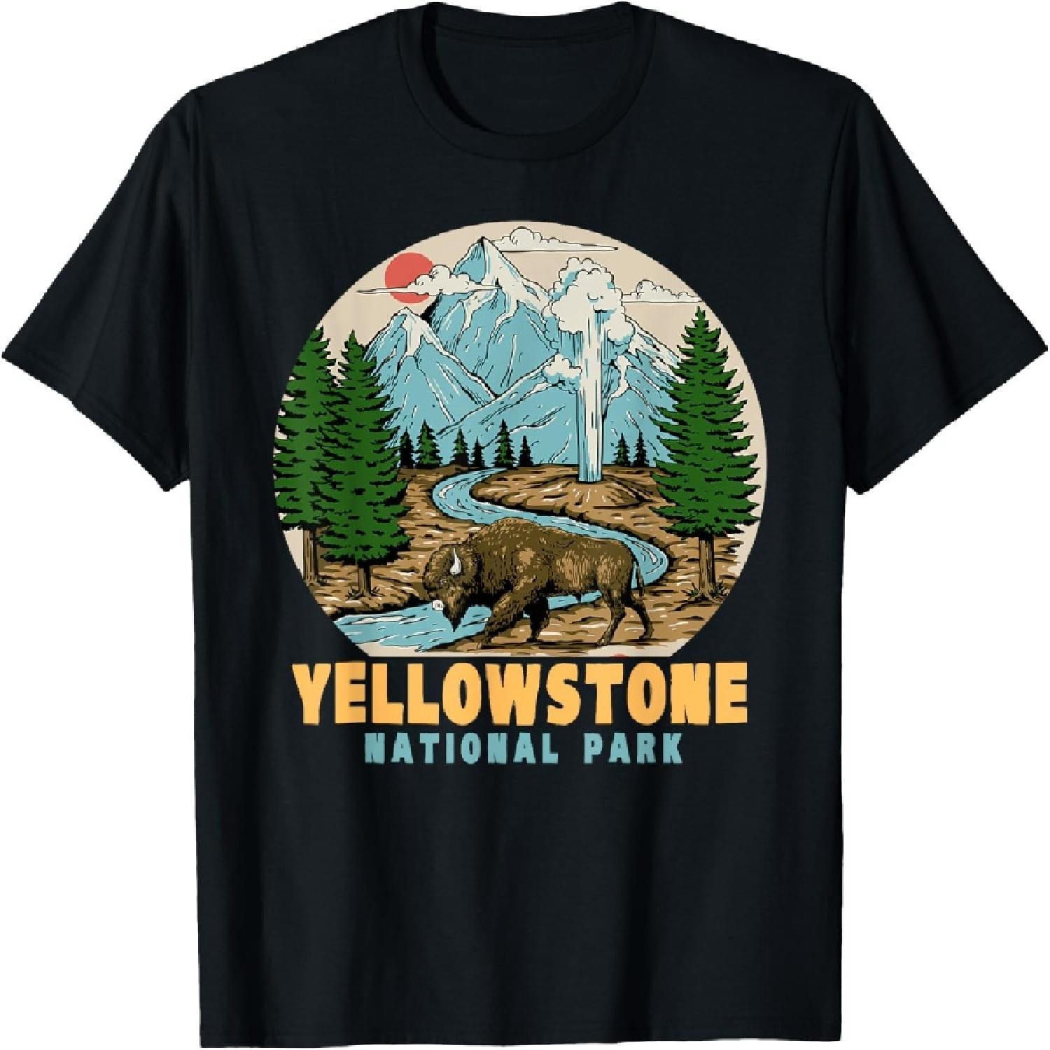 Yellowstone National Park Bison Retro Hiking Camping Outdoor T-Shirt S