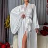 Accappatoio Sexy Lungo in Pizzo Patchwork tinta unita Raso di Seta Maniche a Svasatura Ampio Stile Corte Nightwear Accappatoi con Bordi in Pizzo Loungewear