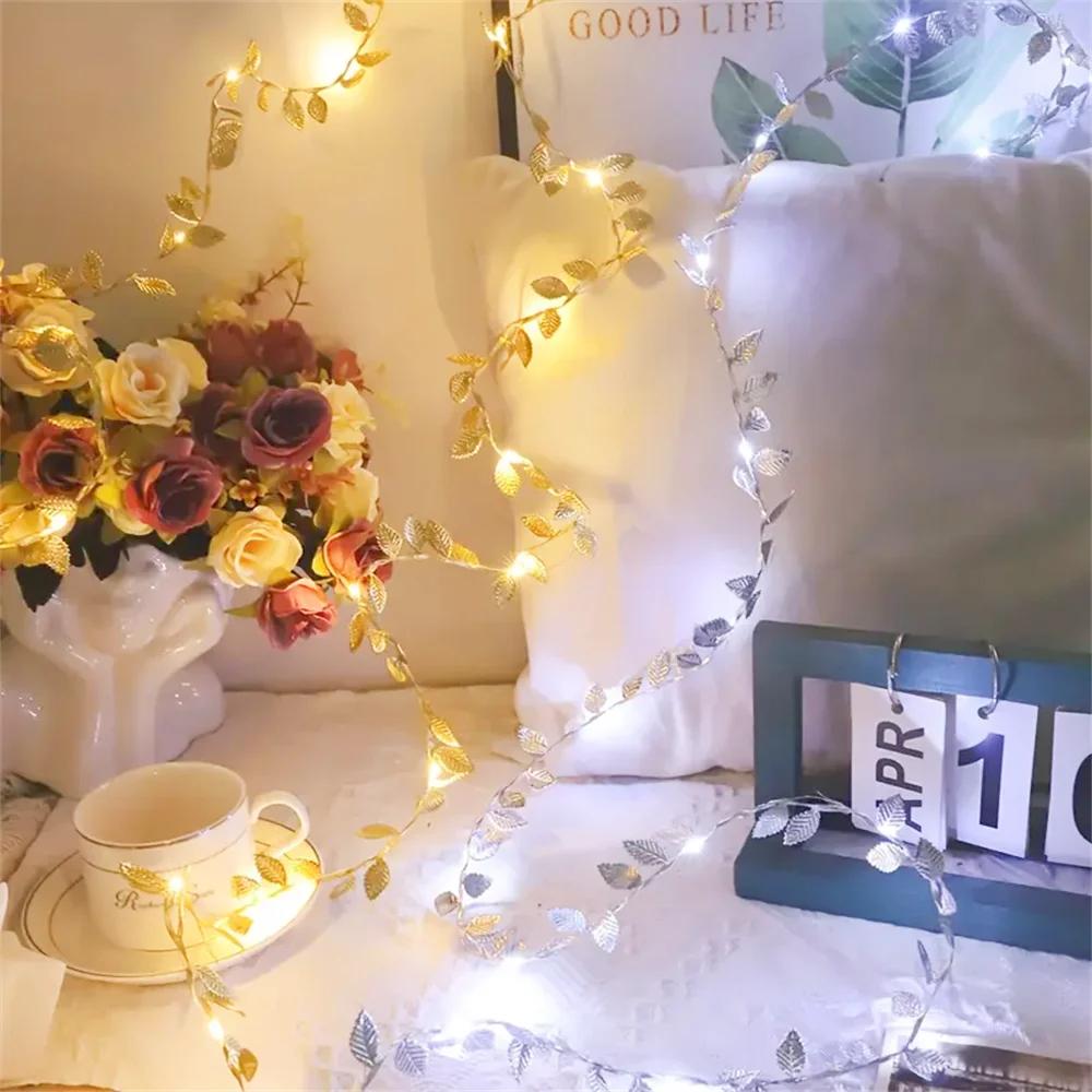 20/50/100LEDs Golden Silver Tiny Leaves Fairy Light Battery Powerd Artificial Plant Garland Vine Lights For Wedding Home Party