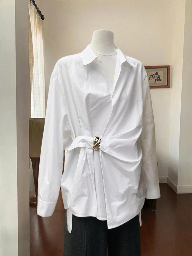 Spring 2026 French-Inspired Slimming White Long-Sleeve Mid-Length Shirt for Women