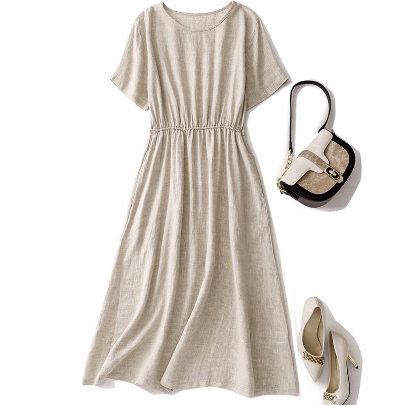 Short-sleeved round neck simple cotton and linen dress for women's 2025 summer new loose waist and thin dress