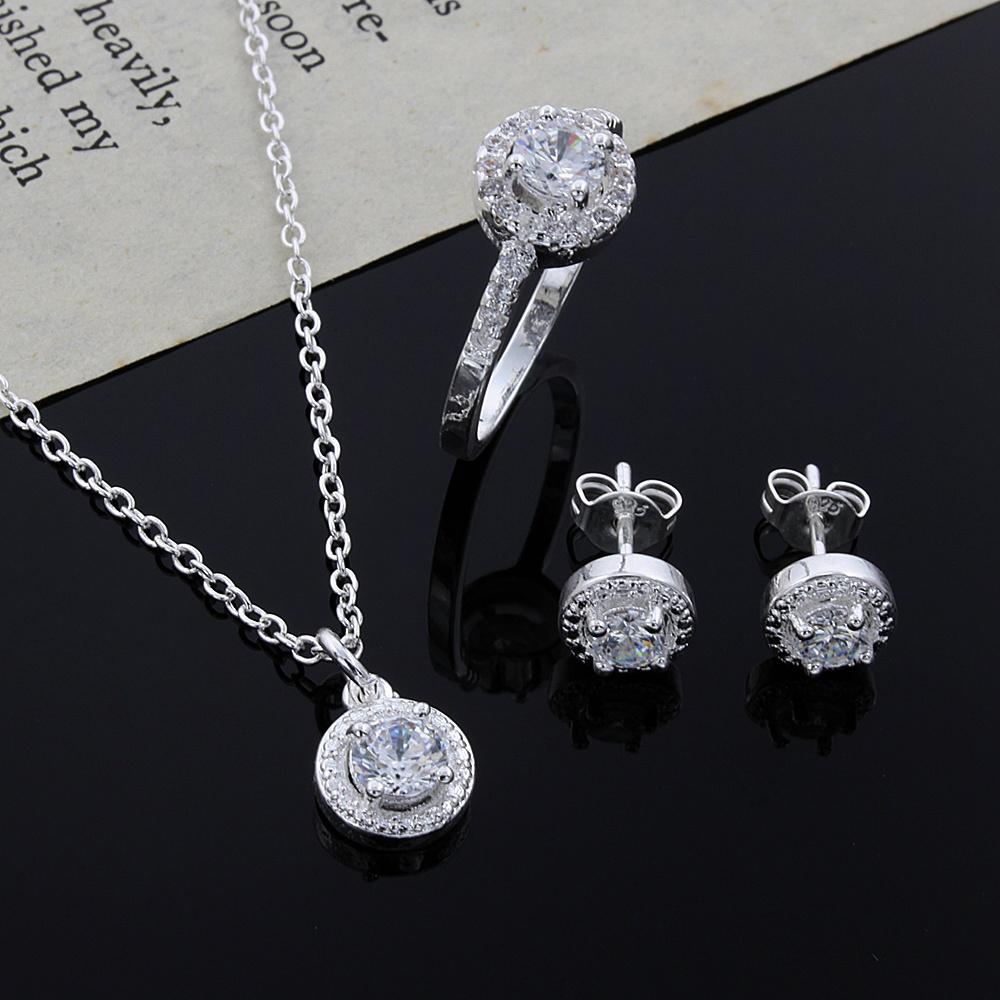 925 Silver Cute Solid Christmas Gift Noble Fashion Elegant Women Shiny Crystal Cz Necklace Earring Ring Jewelry Set