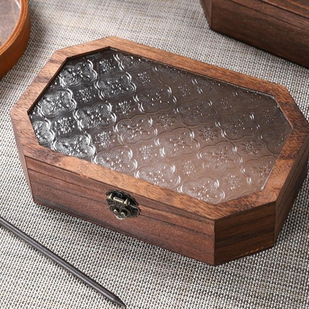 Vintage Wooden Storage Box Begonia Flowers Glass-Lid Box Cosmetic Organizer  Vanity Table
