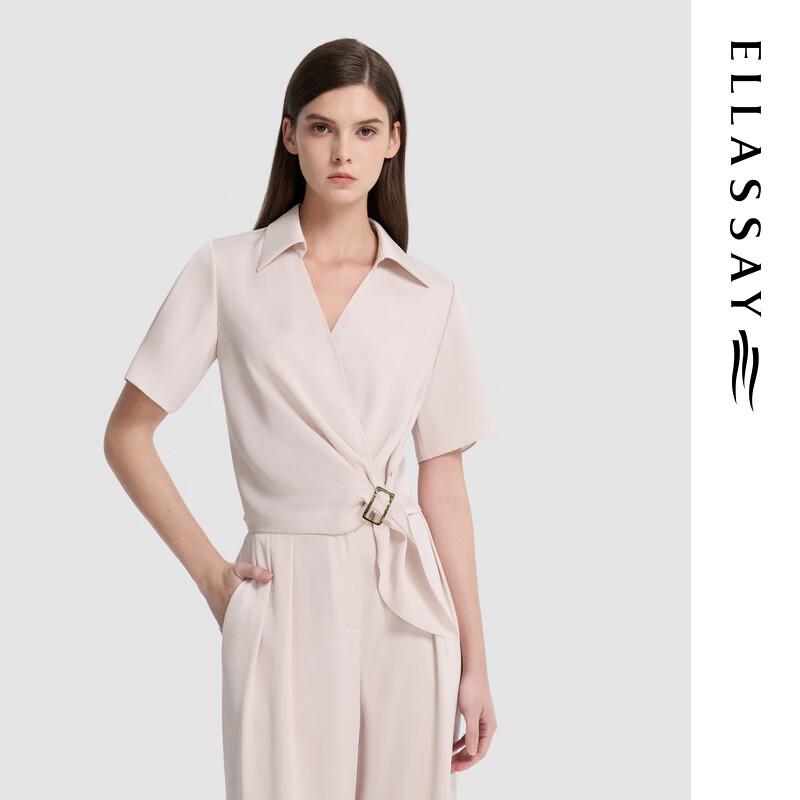 ELLASSAY Women s French Style Lapel Short Sleeve Shirt S
