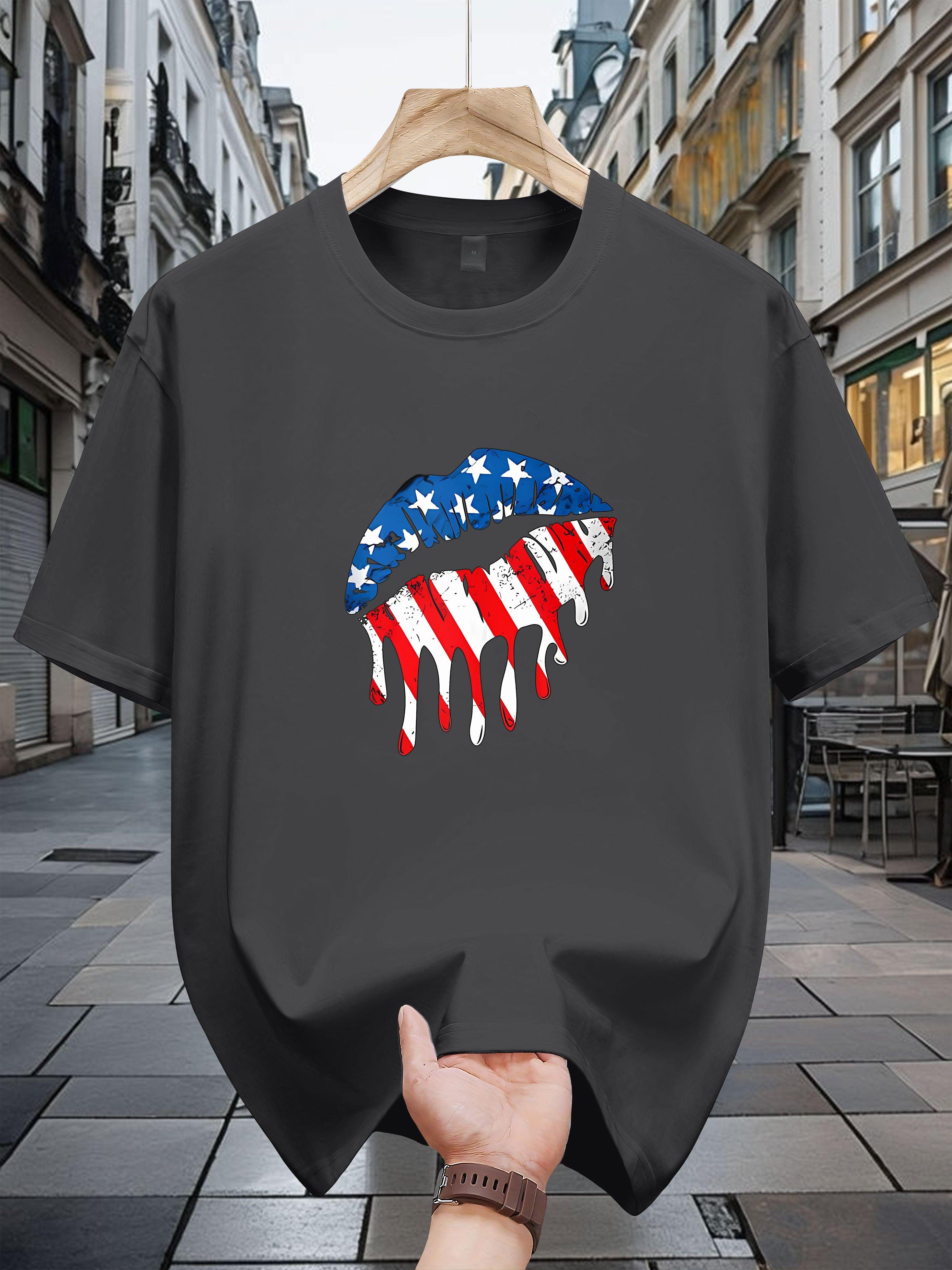 Niuwang Selection T-shirt - Black Casual Graphic Tee with American Flag Lips Print XL