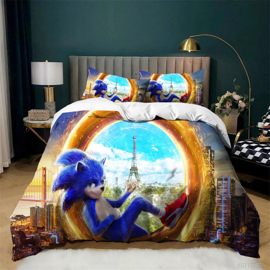 Movie Cartoon Sonic Duvet Cover Set 3 Pieces Bedding Set for Kids Soft Comfortable Quilt Cover with Pillowshams