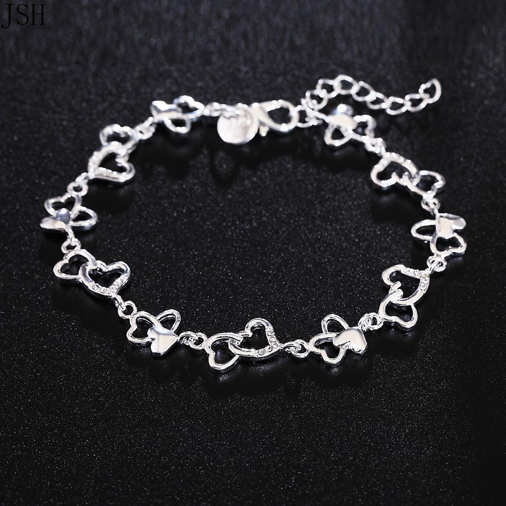 Beautiful 925 silver bracelet gorgeous women HEART lovely Crystal chain fashion Wedding Party cute lady jewelry