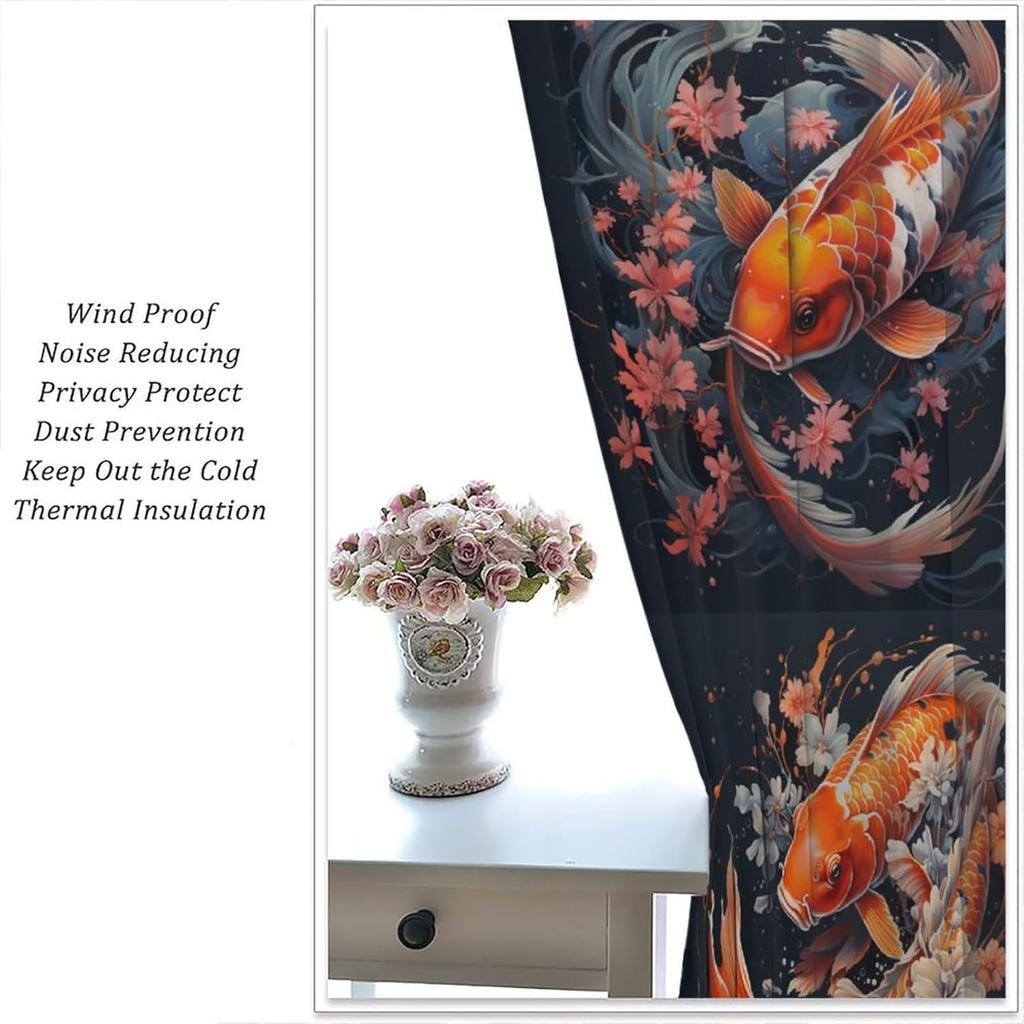 Japanese Carp Blackout Curtain   Bohemian Dream Art Curtain   Oriental Art Koi Fish Decorated Teen Blackout Curtain   Bedroom Livin
