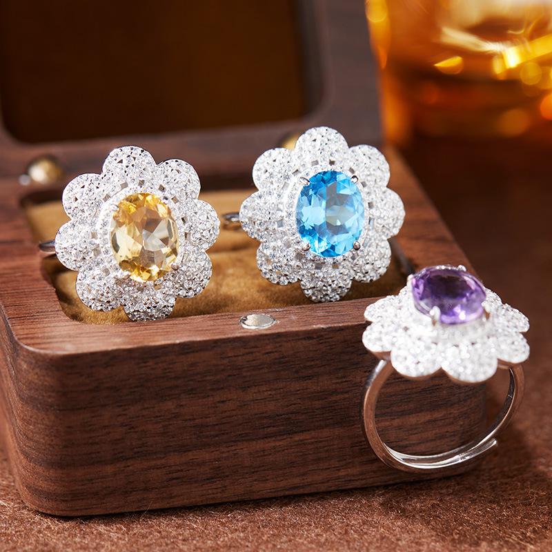 S925 Sterling Silver Lace Flower Ring with Citrine, Amethyst & Topaz for Women