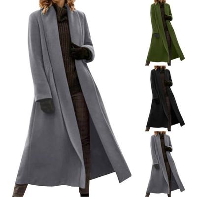 Fashion Women Long Woolen Coat Solid Color Casual Long Sleeve Outerwear